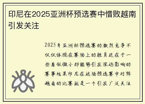 印尼在2025亚洲杯预选赛中惜败越南引发关注