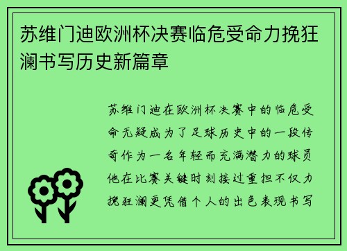 苏维门迪欧洲杯决赛临危受命力挽狂澜书写历史新篇章