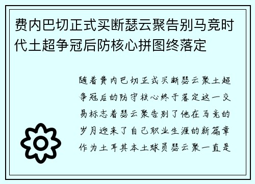 费内巴切正式买断瑟云聚告别马竞时代土超争冠后防核心拼图终落定 费内巴切正式买断瑟云聚告别马竞时代土超争冠后防核心拼图终落定