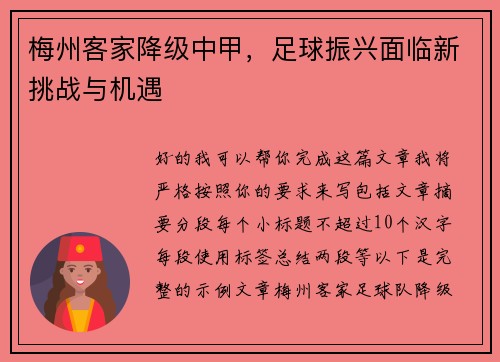 梅州客家降级中甲，足球振兴面临新挑战与机遇